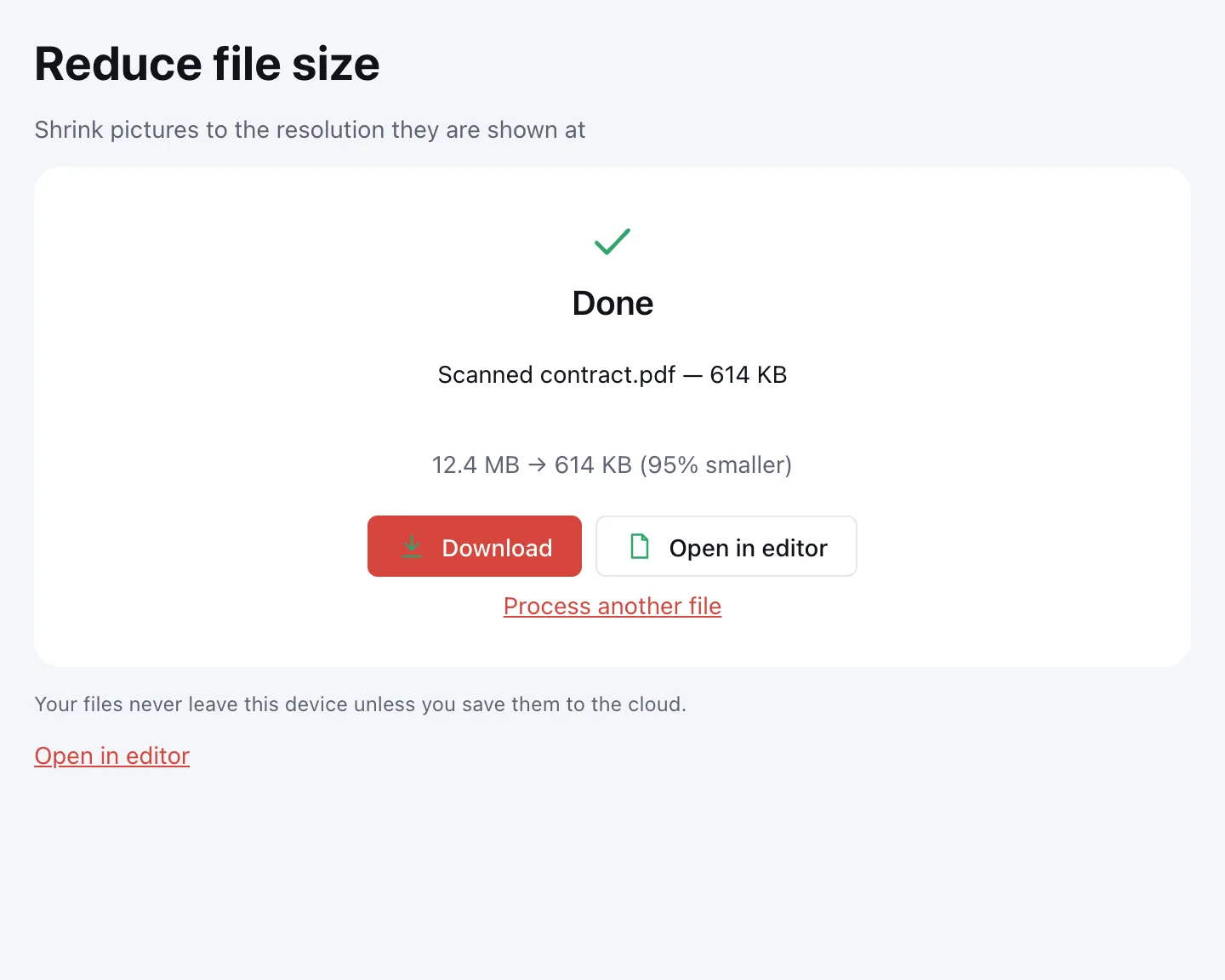 The finished PDF with Download and Open in editor buttons