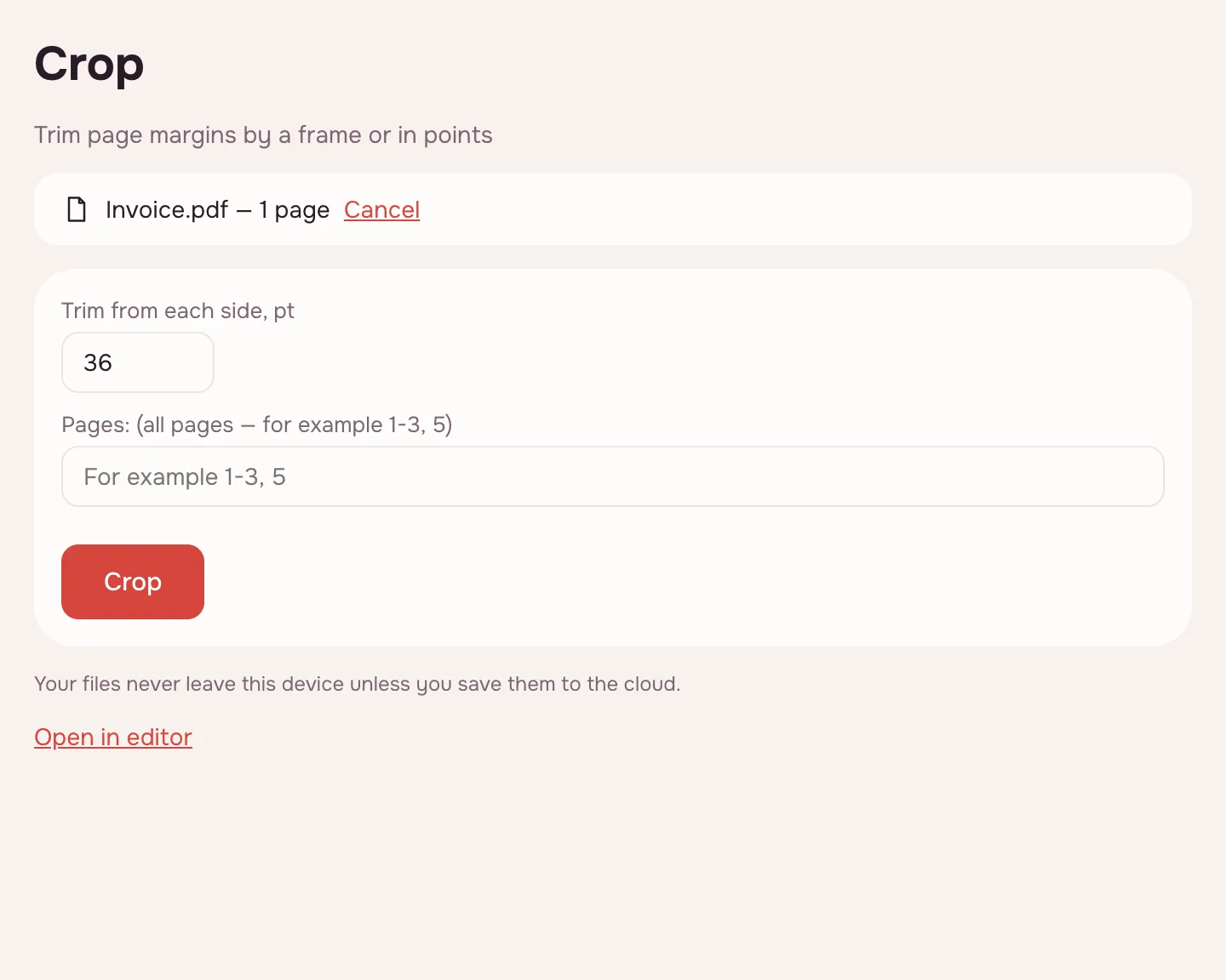 Crop PDF — the “Trim from each side, pt” field and the “Crop” button