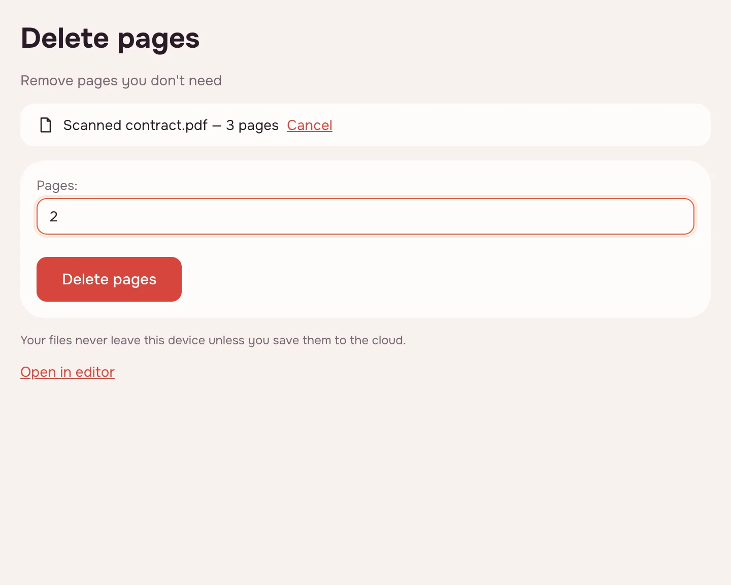 Delete PDF pages — the page field and the Delete pages button