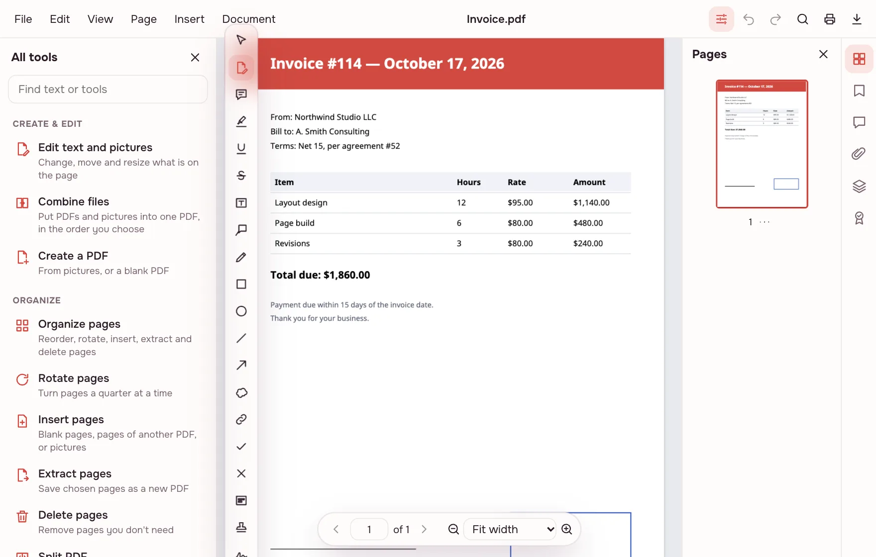 Editing a PDF in the browser — a paragraph being changed on the page