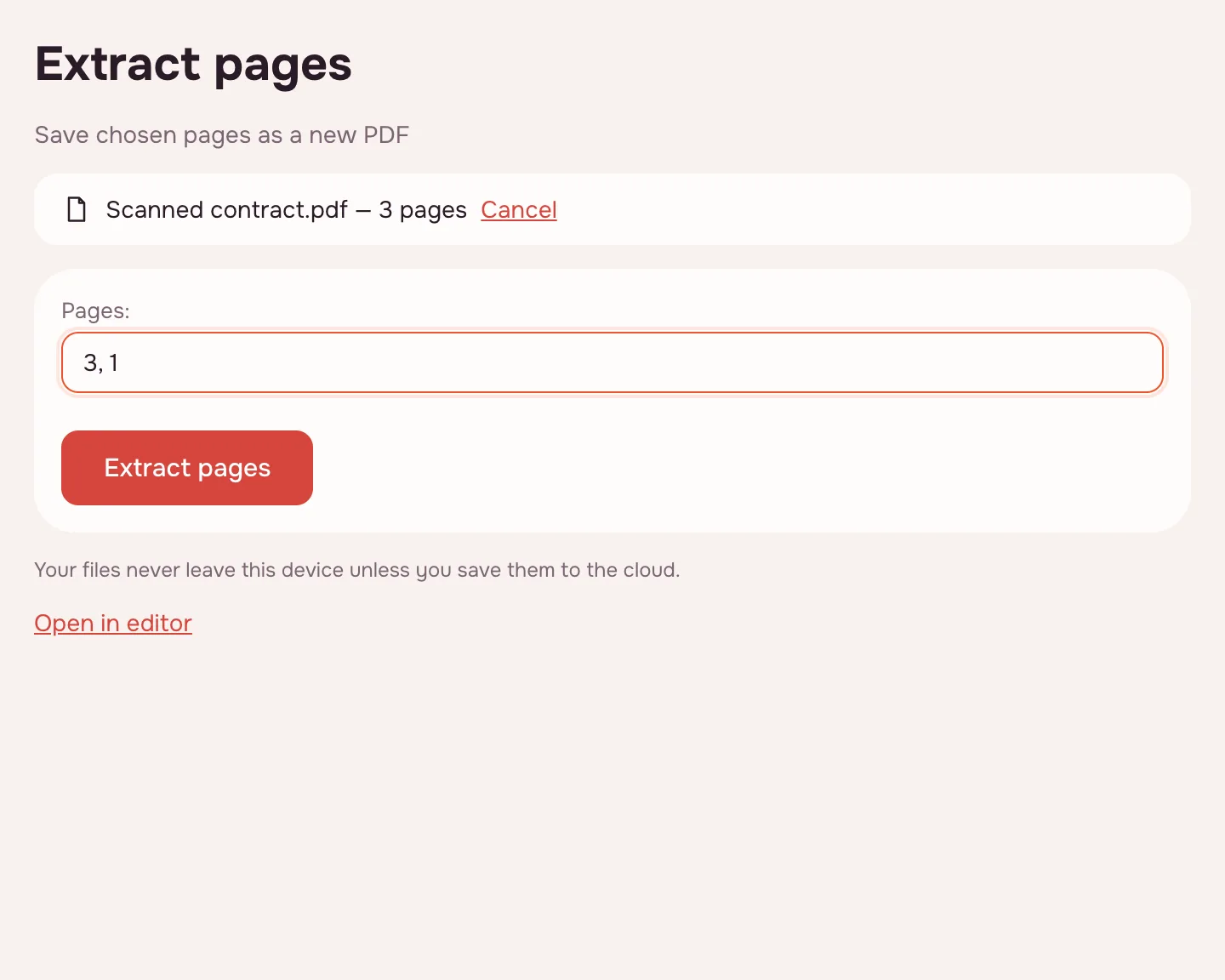 Extract PDF pages — the page field and the Extract pages button