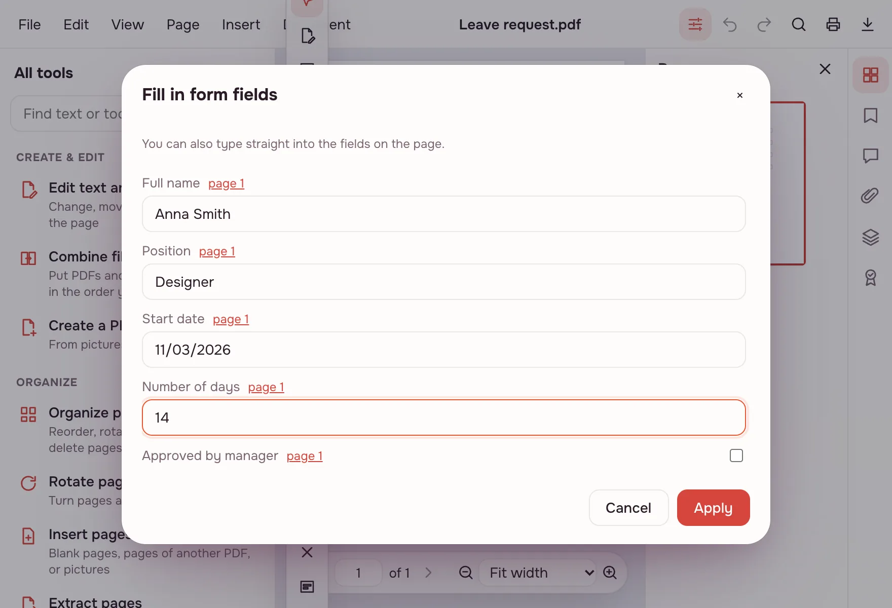 Fill PDF form — Fill in the fields.