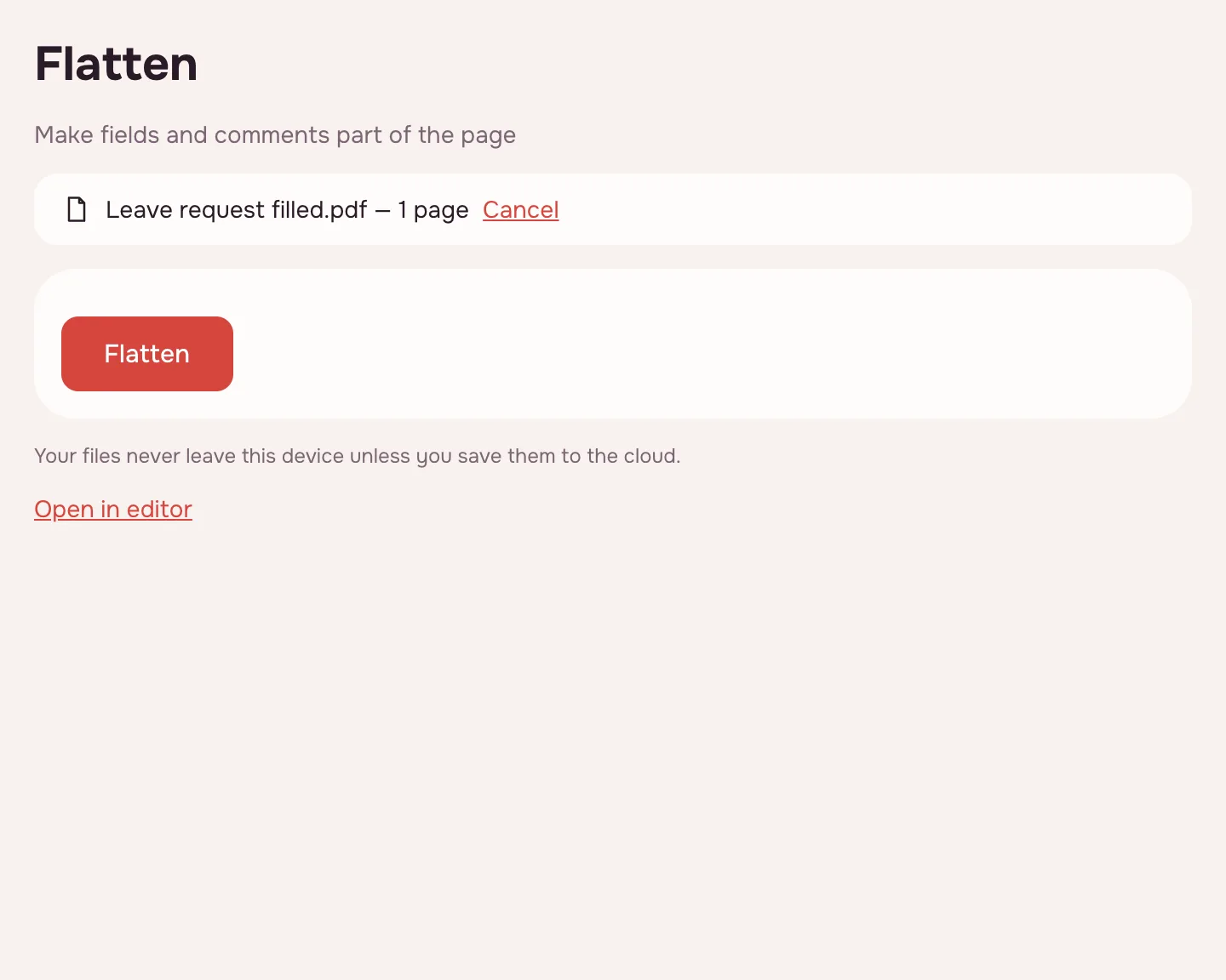 Flatten PDF — Pick what to flatten: fields, comments or both.