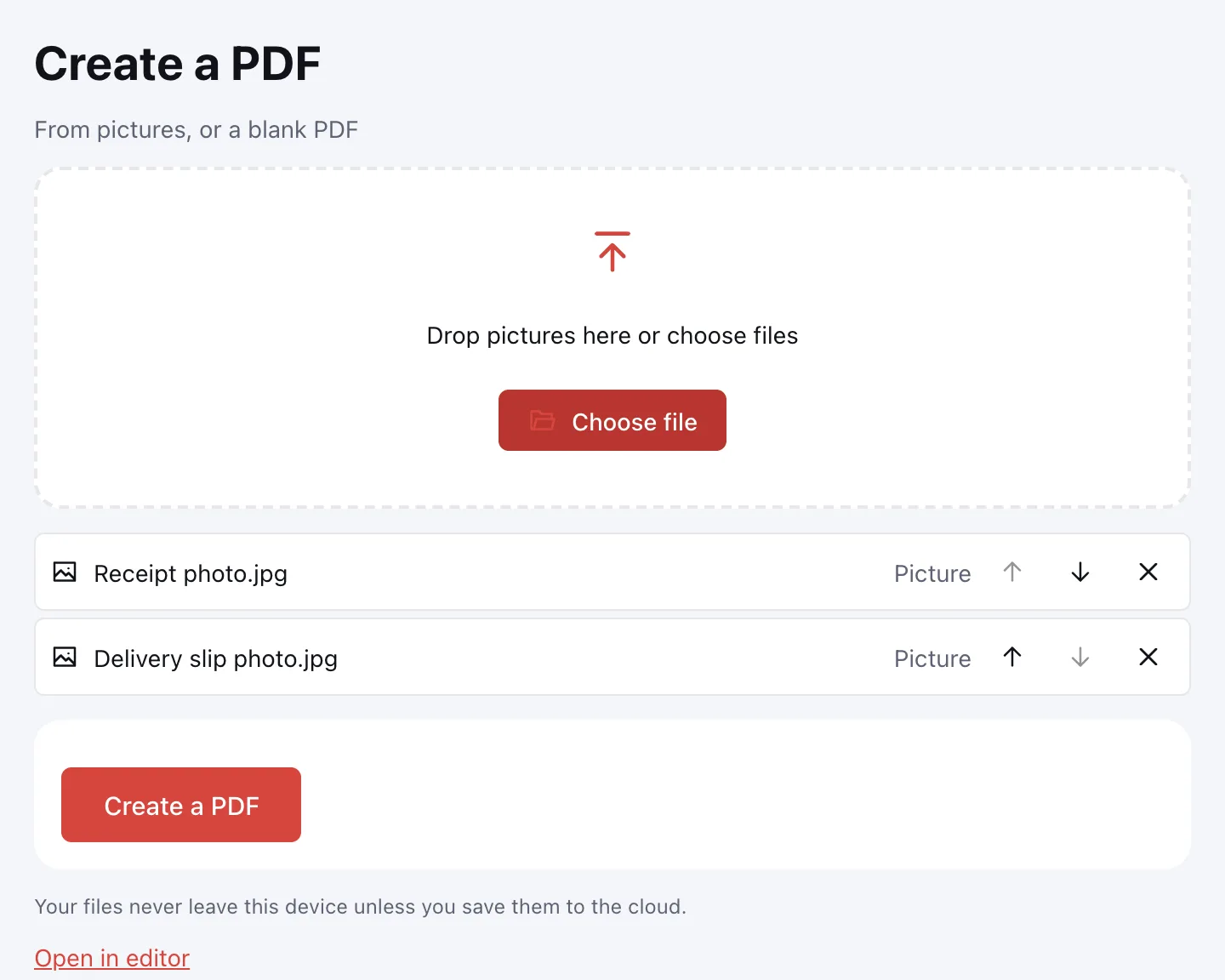 JPG to PDF — pictures arranged in the chosen order