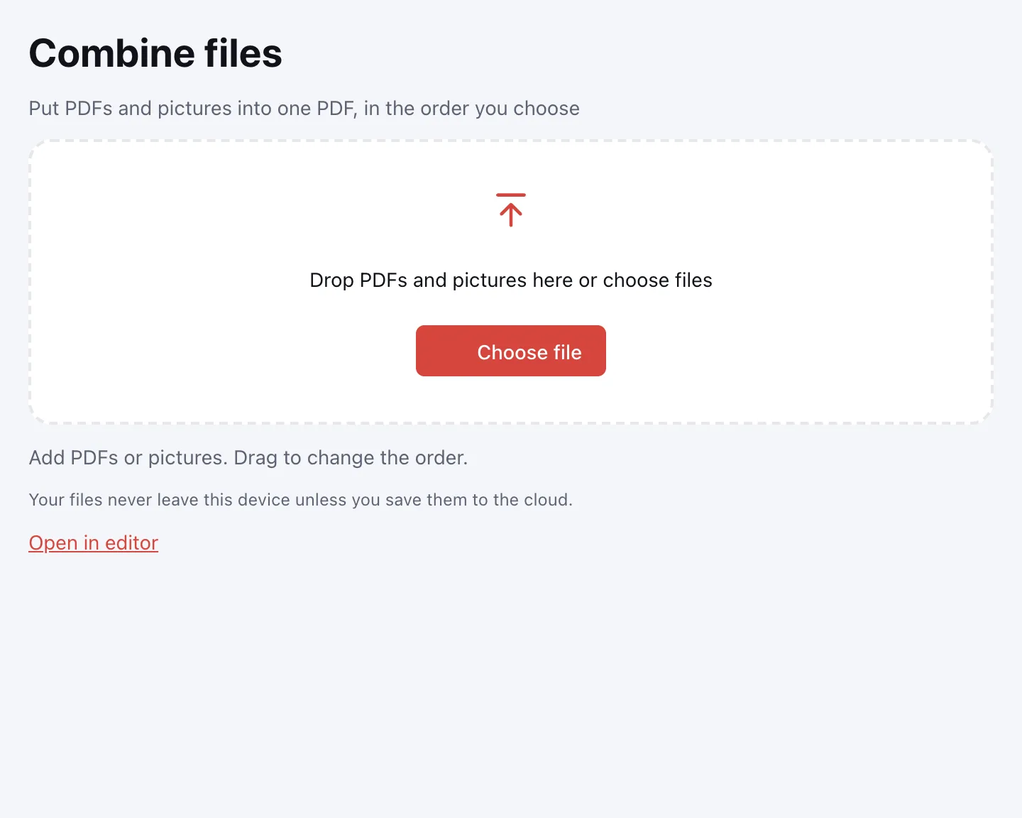 PDF tools online — the merge tool waiting for files