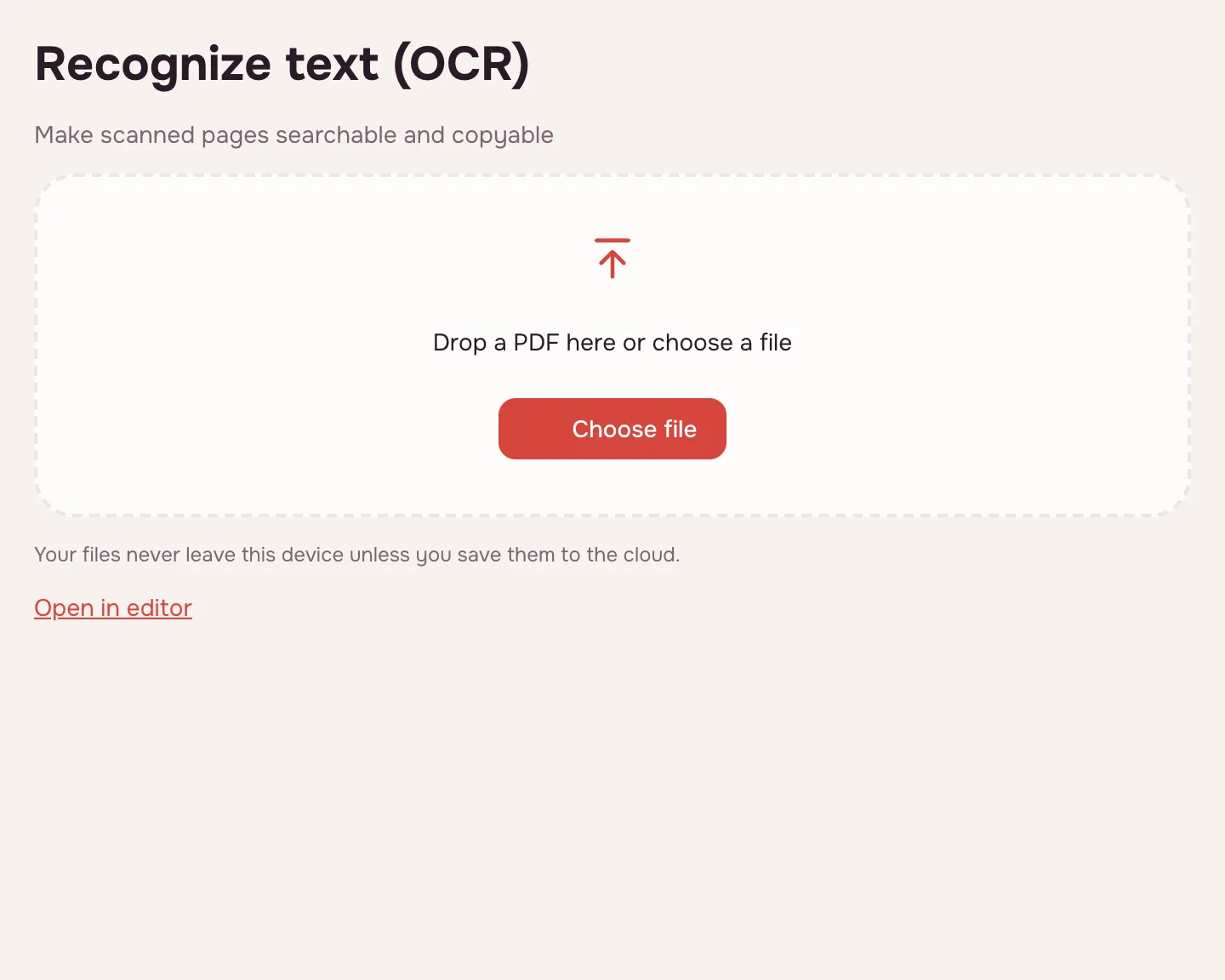 OCR PDF — the tool waiting for a scan, with a “Choose file” button
