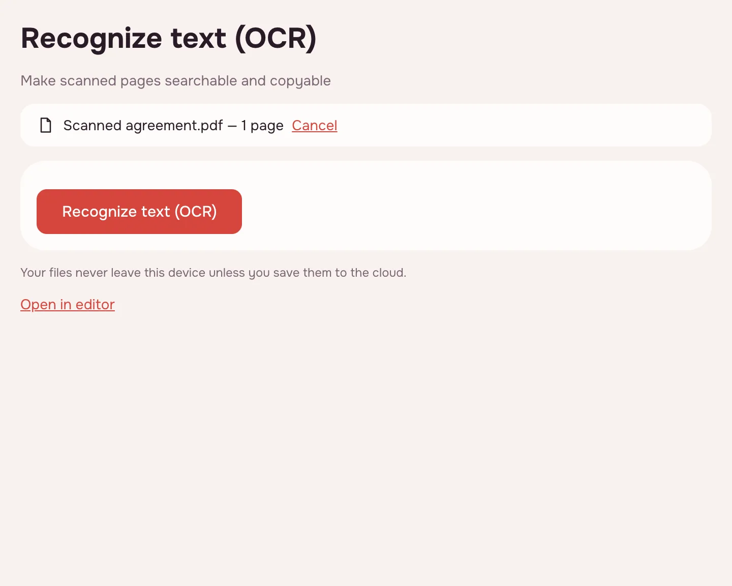 OCR PDF — a scan added and the “Recognize text (OCR)” button
