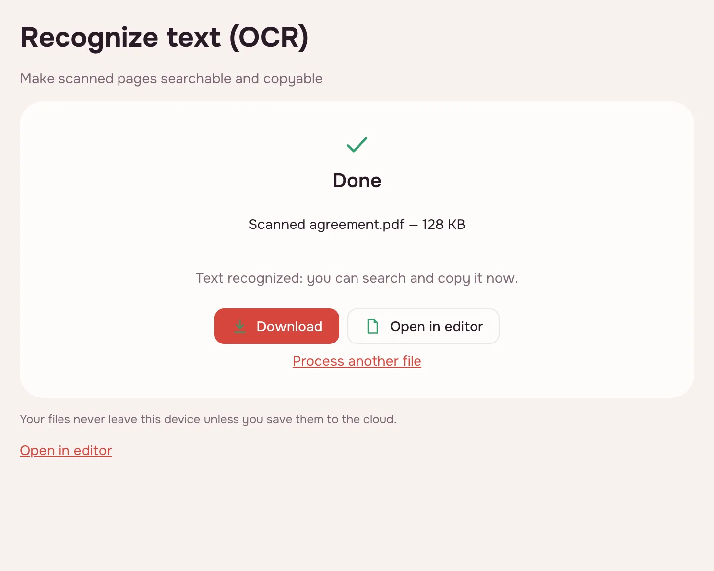 OCR PDF — done: a searchable PDF and the “Download” button