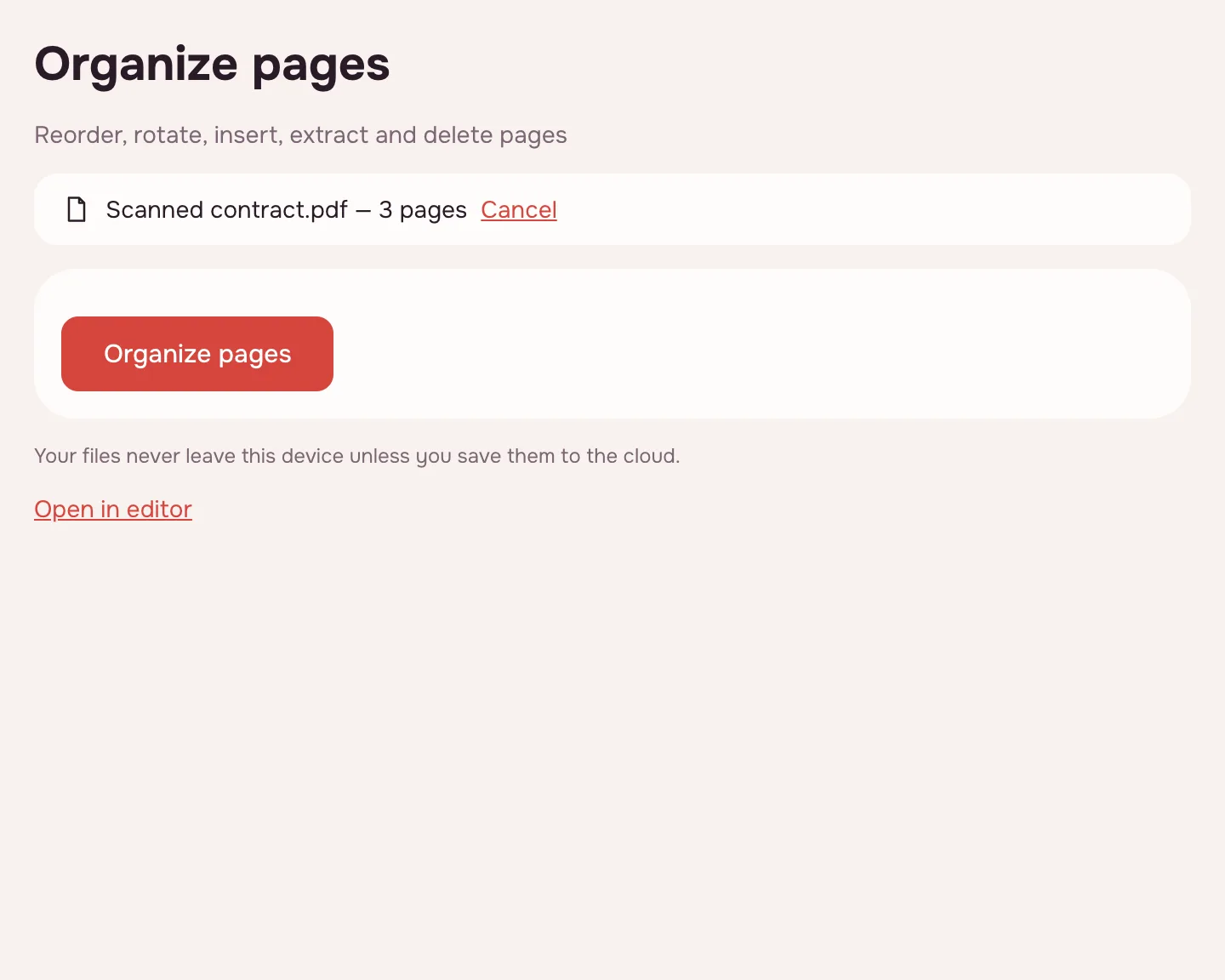 Organize PDF — the “Organize pages” button for the chosen file