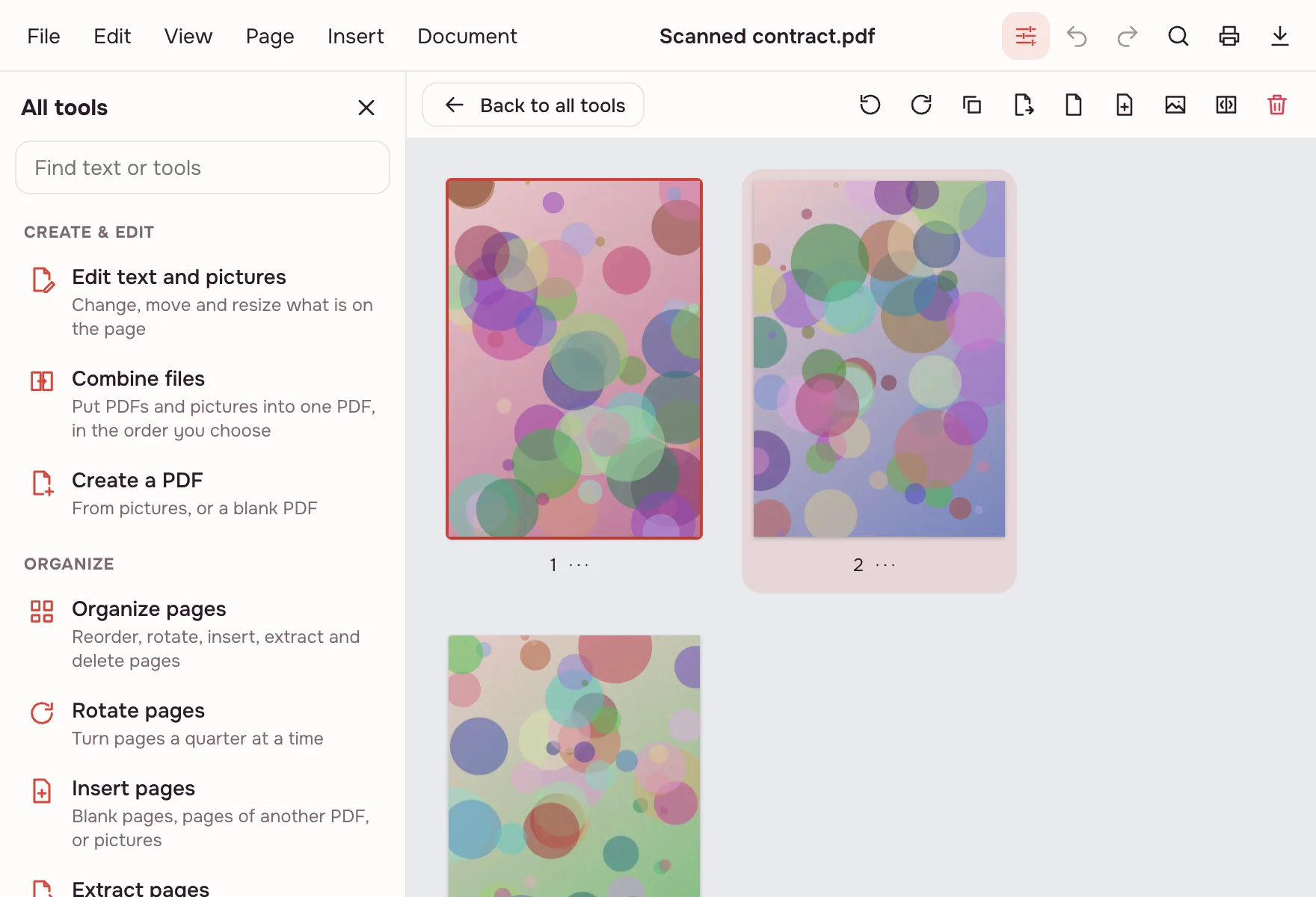 Organize PDF — the thumbnail grid in the editor, second page selected