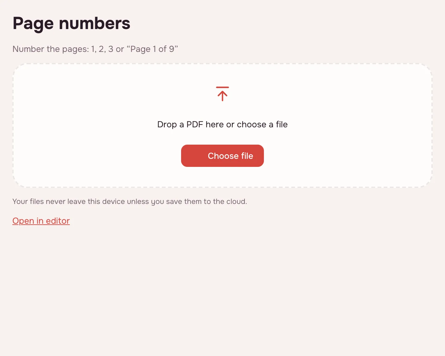 PDF page numbers — the empty tool with a Choose file button