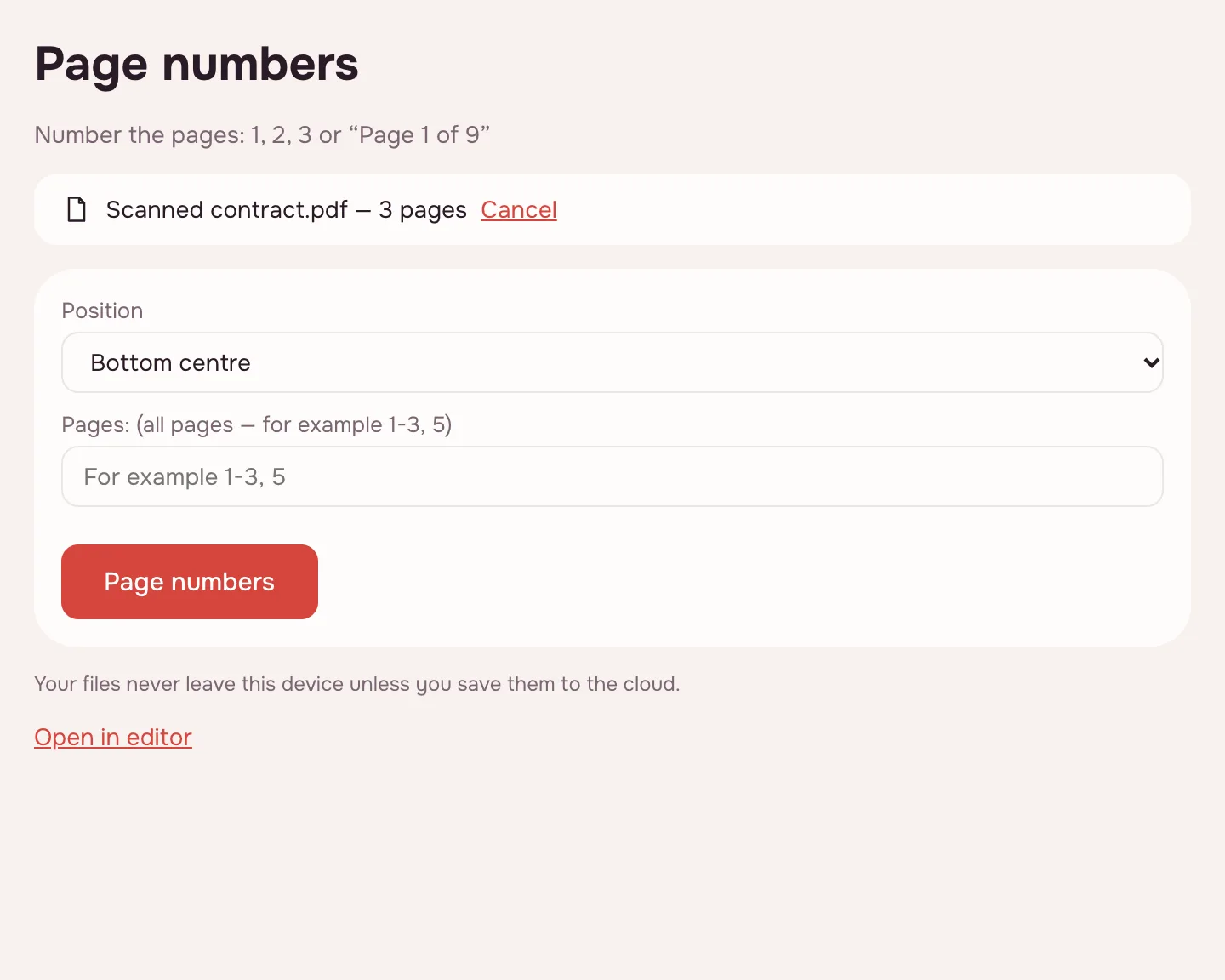 PDF page numbers — the Position list after adding a file
