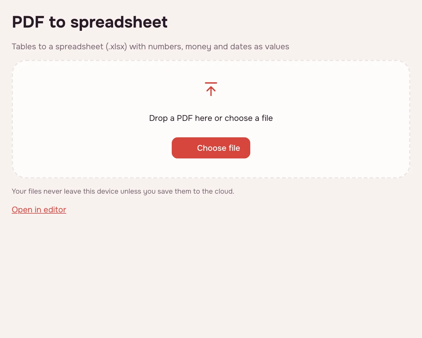PDF to Excel — the tool waiting for a file, with a “Choose file” button
