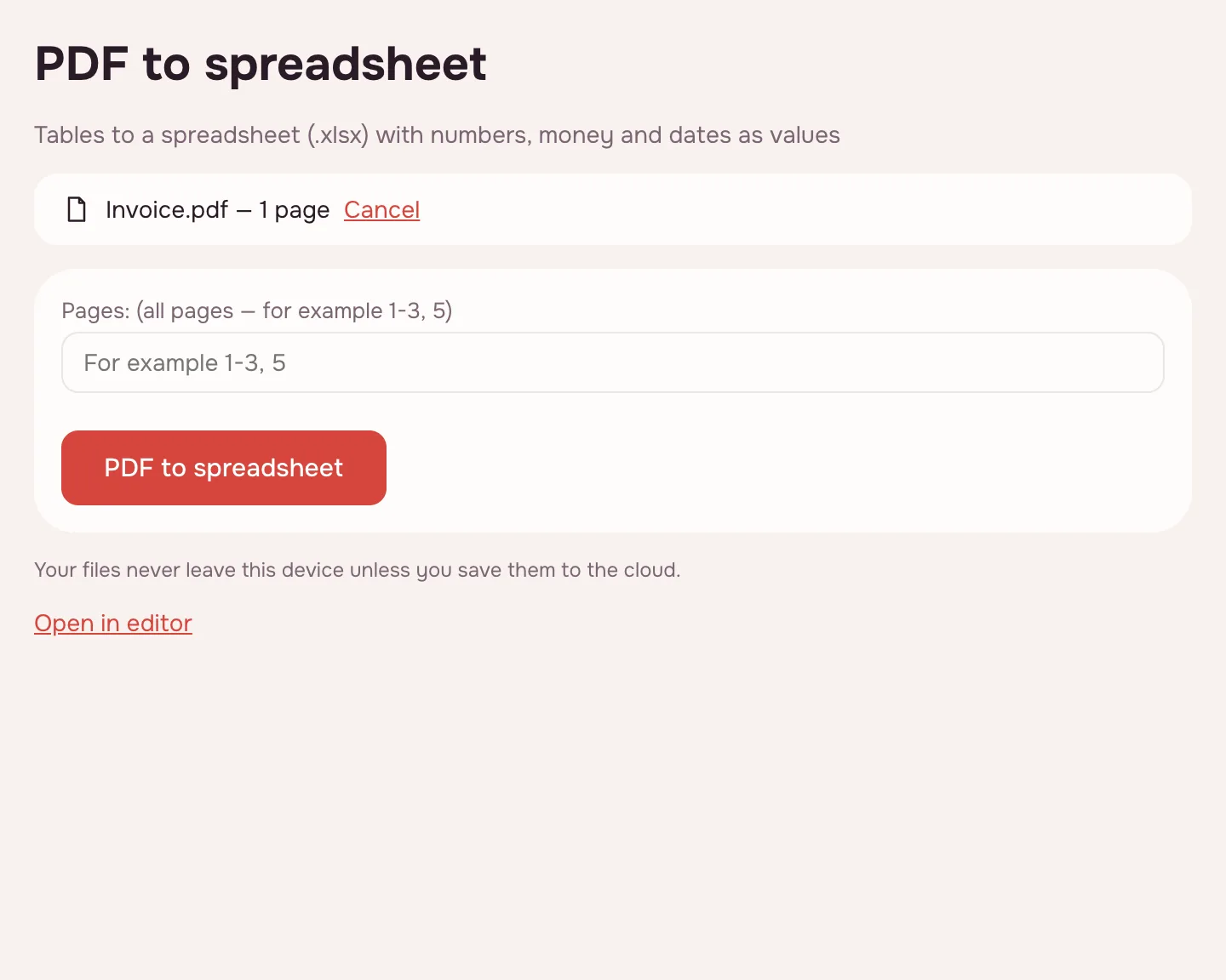 PDF to Excel — a PDF added, page range field and “PDF to spreadsheet” button