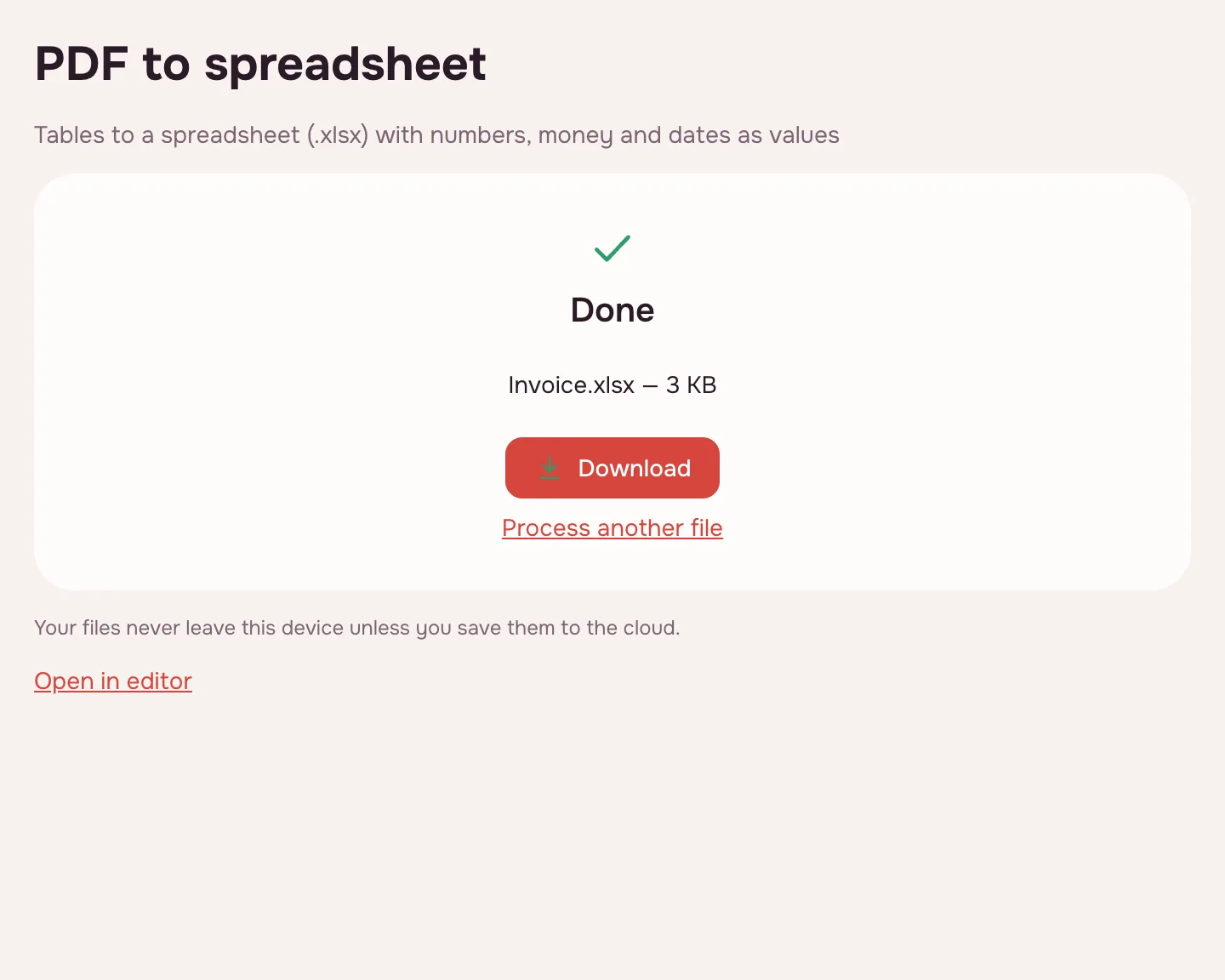 PDF to Excel — done: “Invoice.xlsx” and the “Download” button