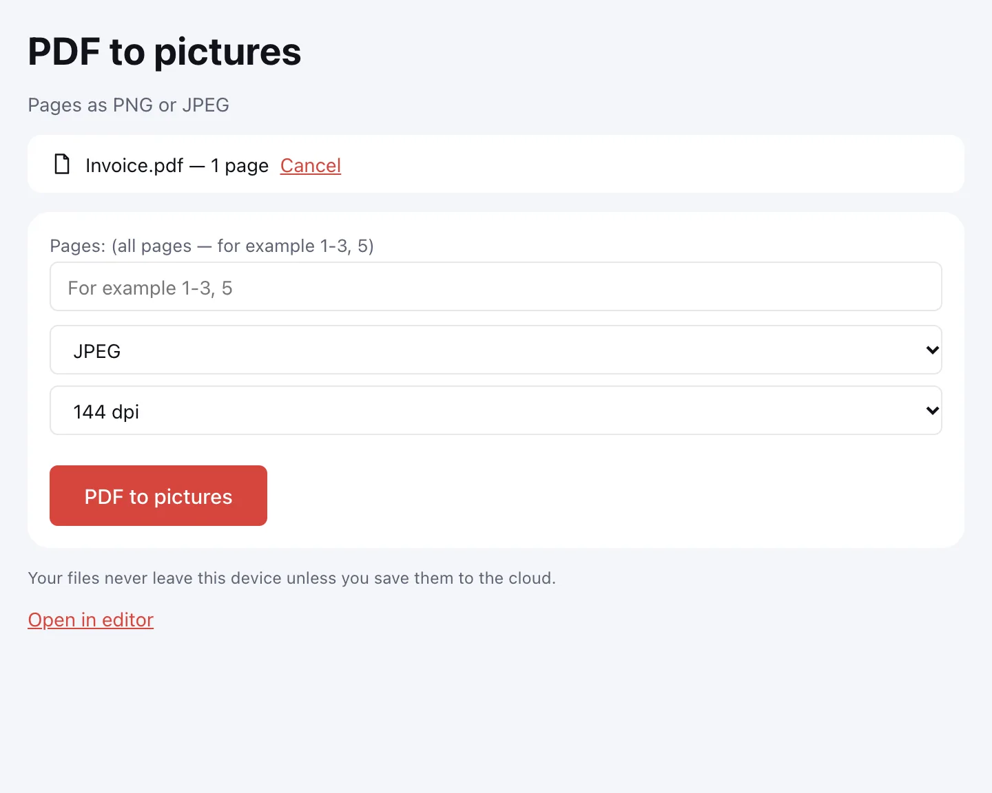 PDF to JPG — choosing JPEG or PNG and a resolution
