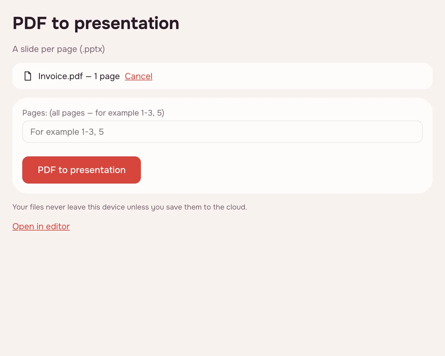 PDF to PPT — the page field before conversion