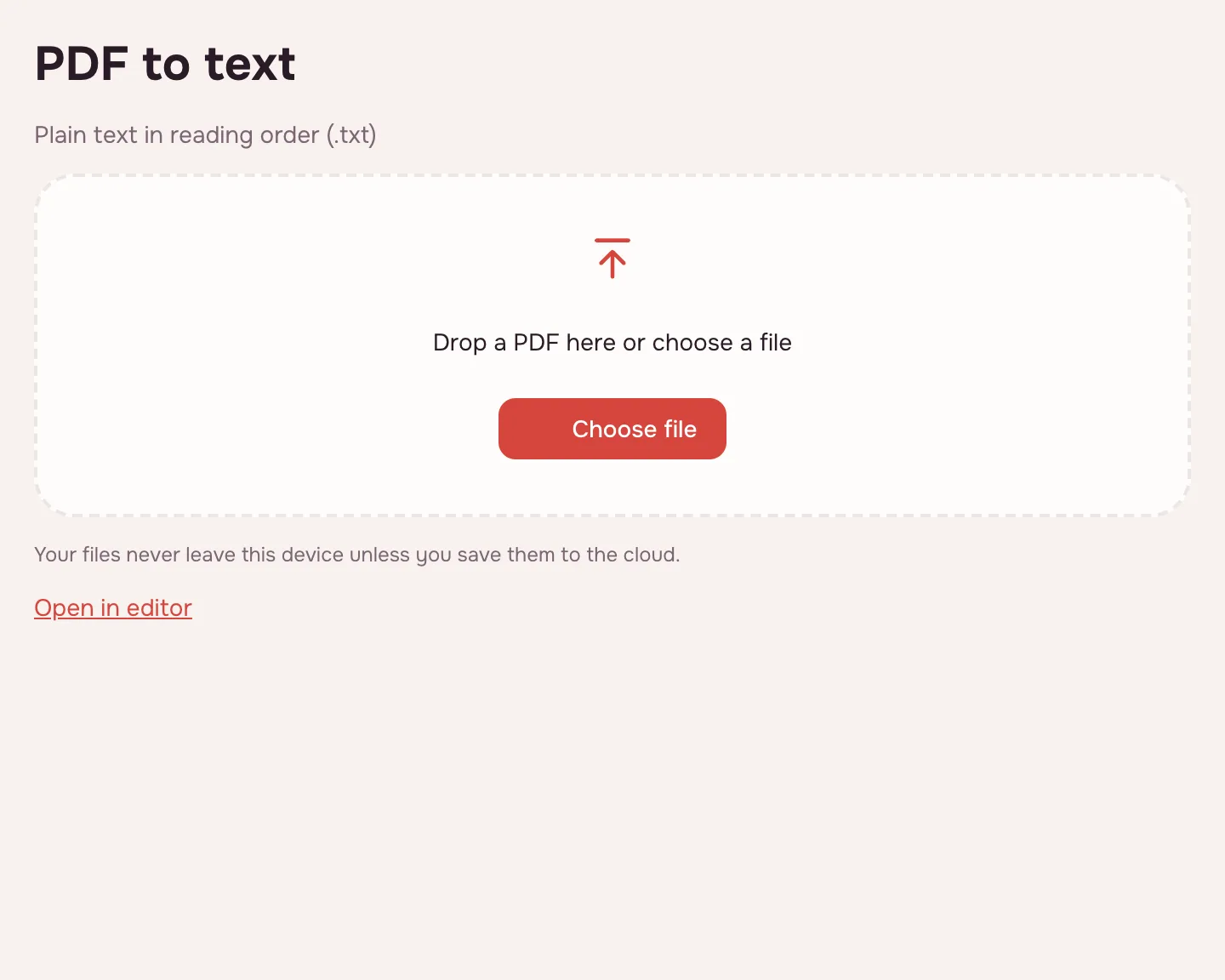 PDF to text — the tool waiting for a file, with a “Choose file” button