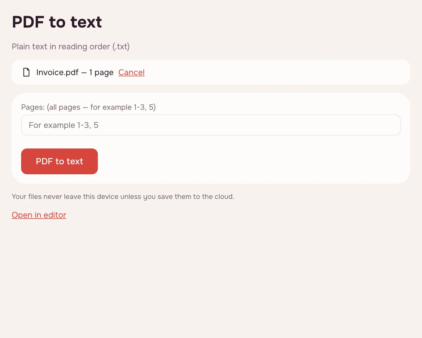 PDF to text — a PDF added, the page field and the “PDF to text” button