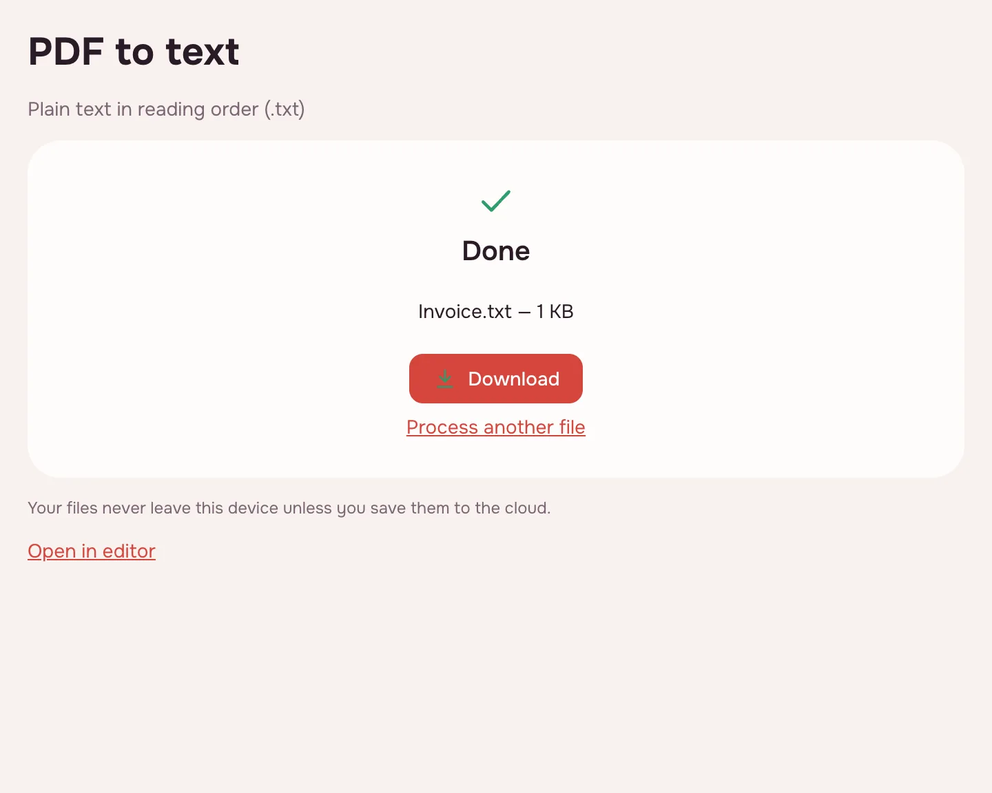 PDF to text — done: the TXT file name and the “Download” button