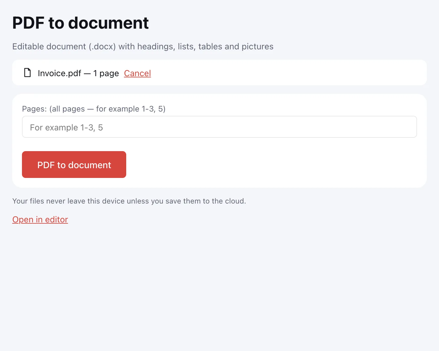 PDF to Word — selecting pages before conversion
