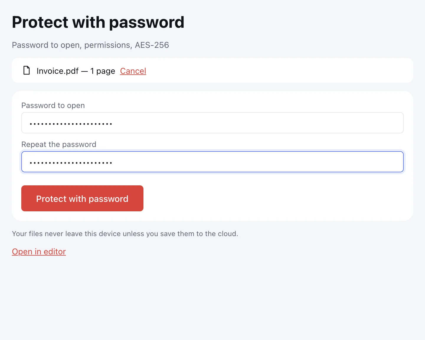 Protect PDF — password to open and repeat password fields