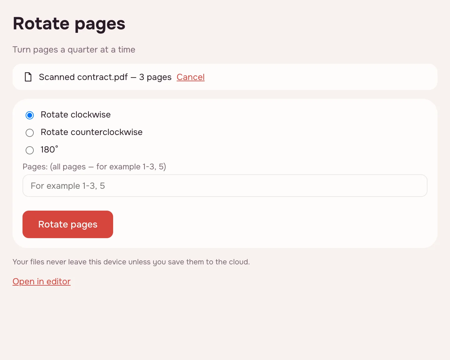 Rotate PDF — clockwise, counter-clockwise and 180° options with a page range