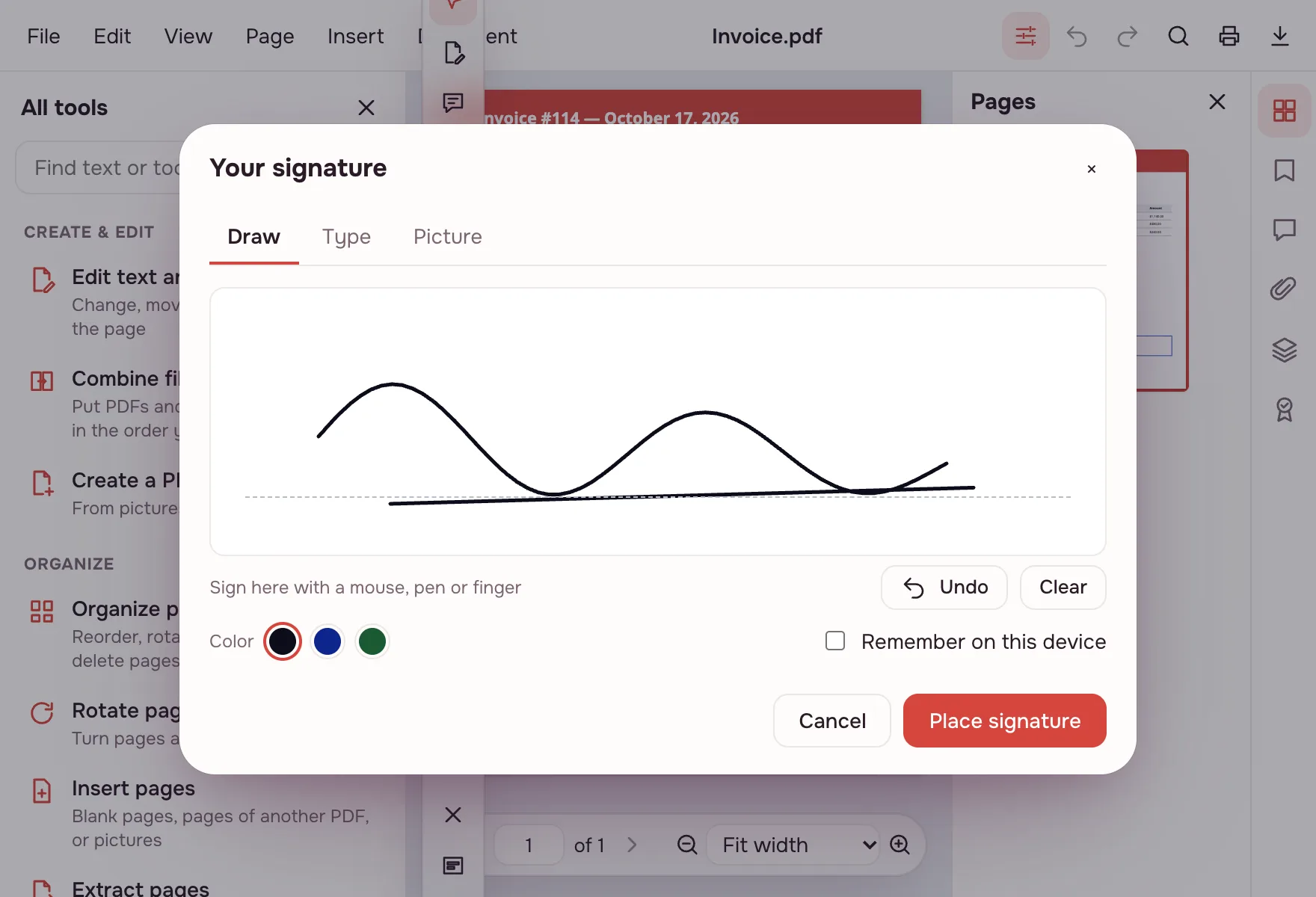 Sign PDF — the signature window with a drawn signature