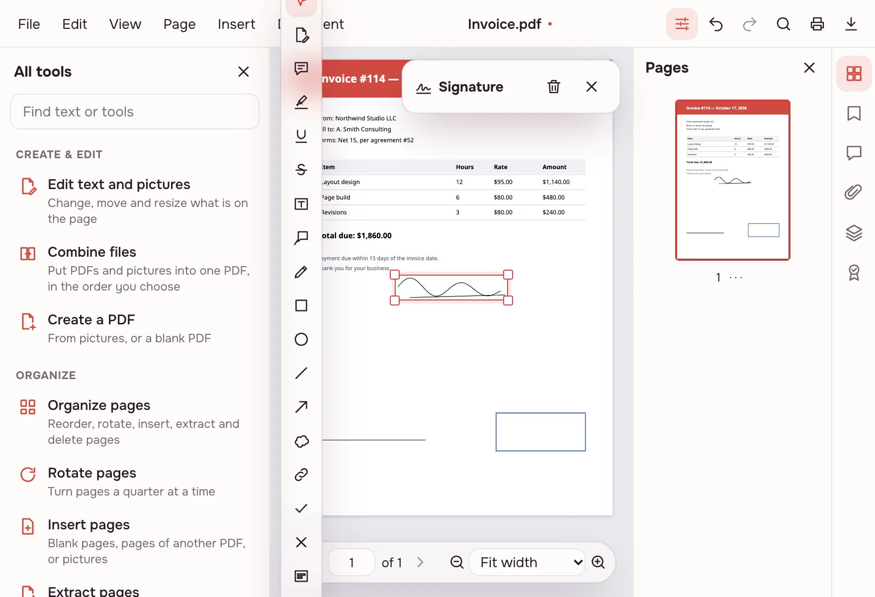 PDF online free — a signature placed on the invoice page