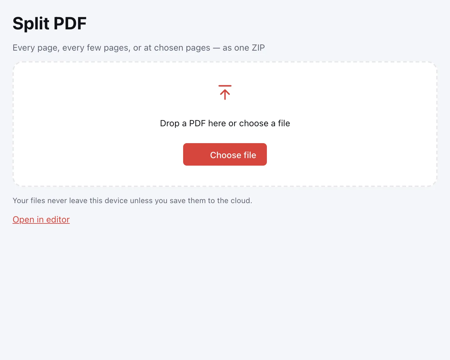 Split PDF — the file picker and page count
