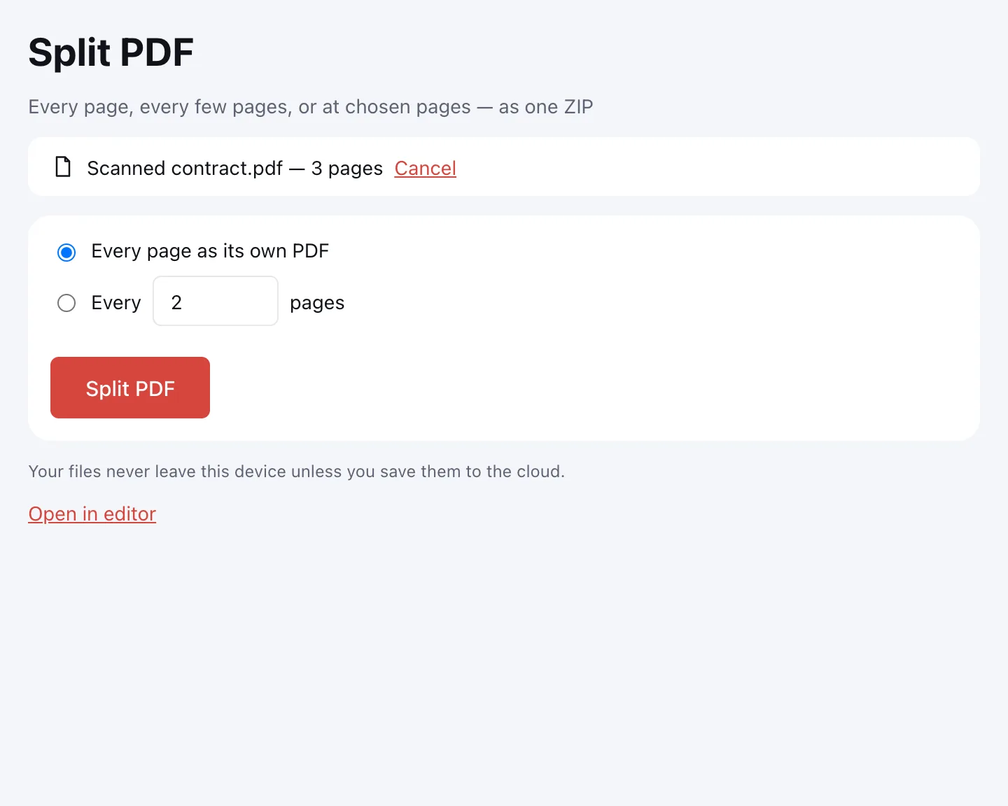 Split PDF — choosing how to divide the document