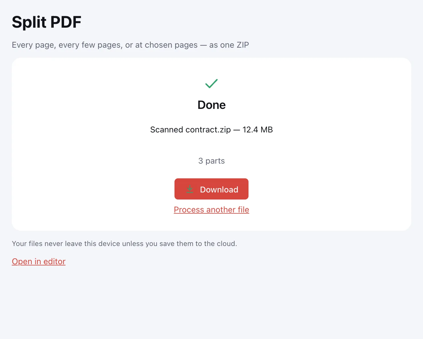 Split PDF — the finished ZIP with all the parts