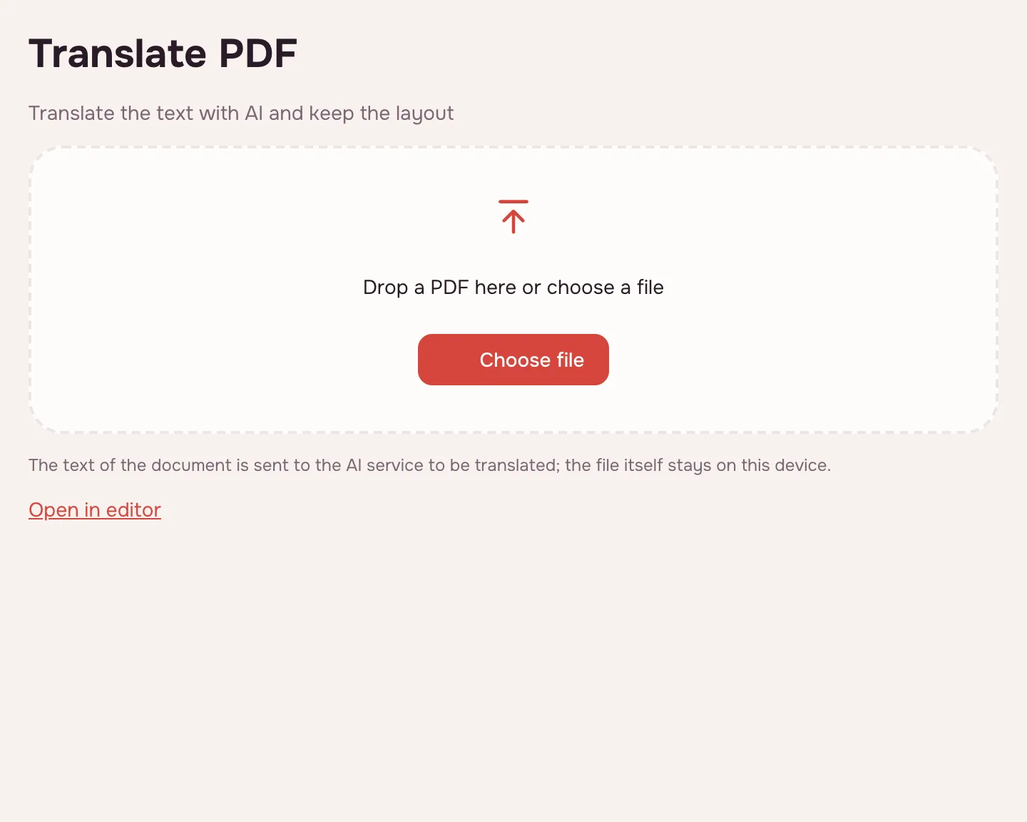 Translate PDF — the empty tool with a “Choose file” button