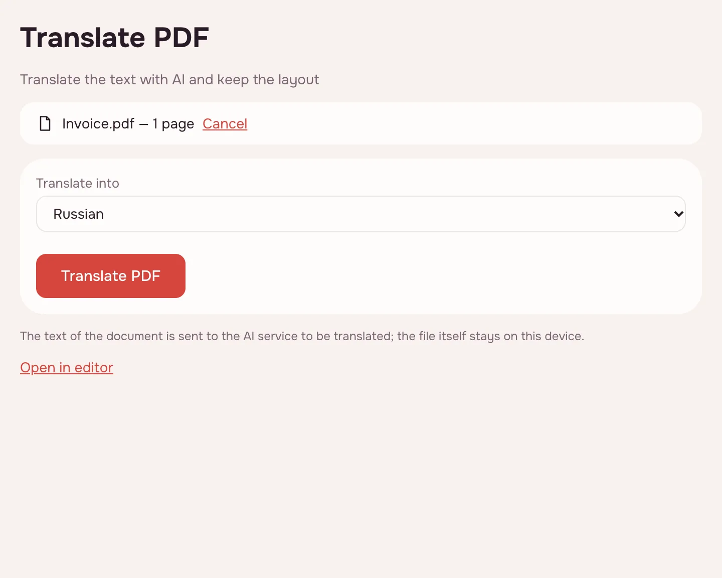 Translate PDF — a file added and the “Translate into” list with English selected