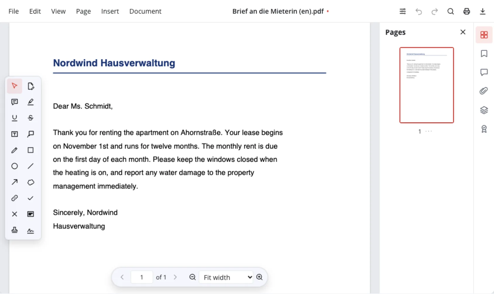 Translate PDF — a German letter translated into English, open in the editor with its layout kept